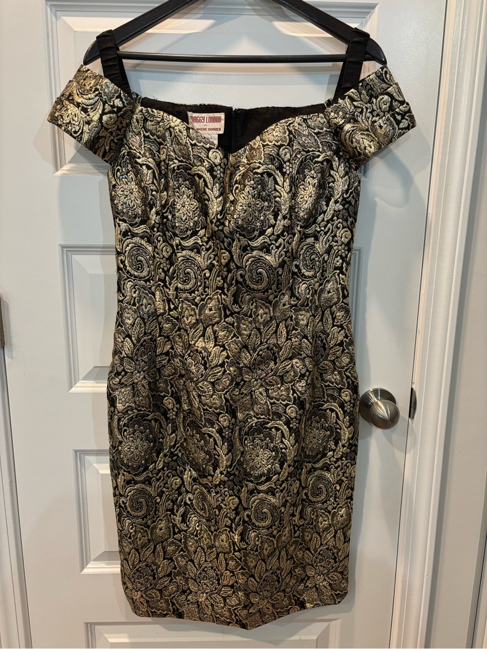 Maggy London Black and Gold One-Shoulder Brocade Sheath Dress